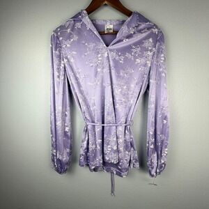 Vintage Mode O'Day Lavender Floral Satin Blouse Tie Waist  Made in USA 14 MCM